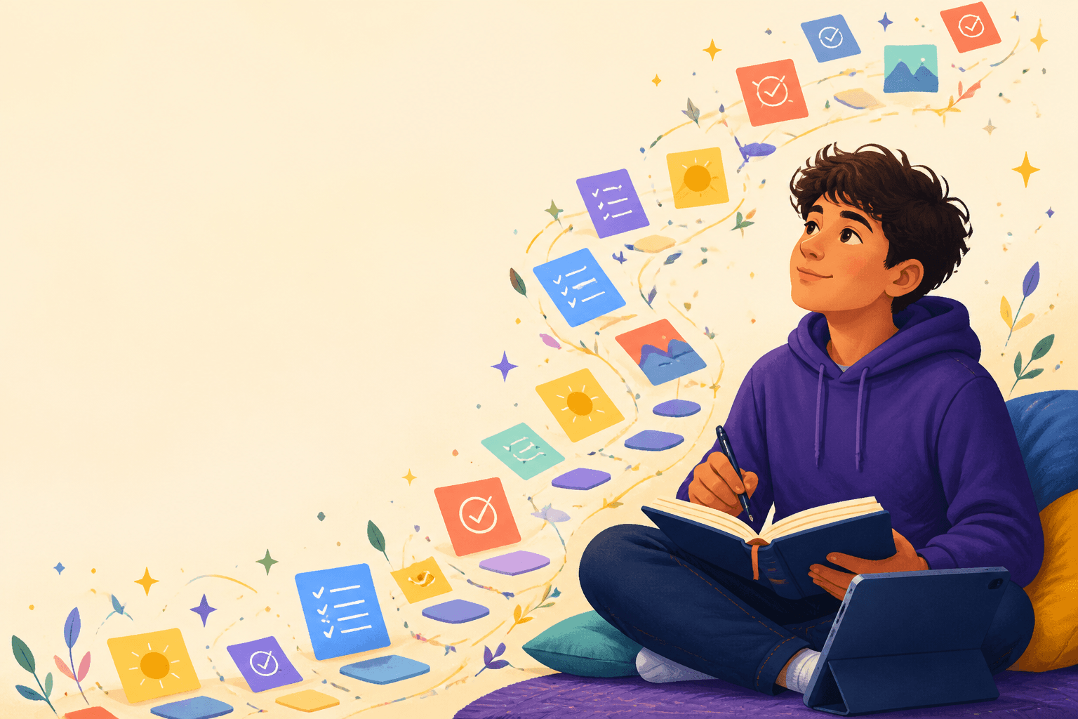 A boy journaling with colorful reflections and small steps flowing around him